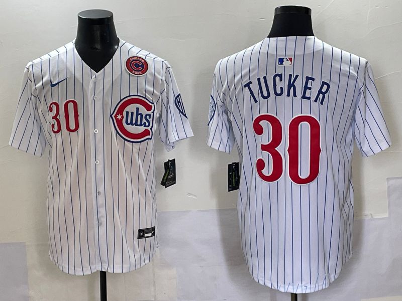 Men 2025 Chicago Cubs #30 Tucker White Stripe Fashion Nike MLB Jersey style 7033->chicago cubs->MLB Jersey